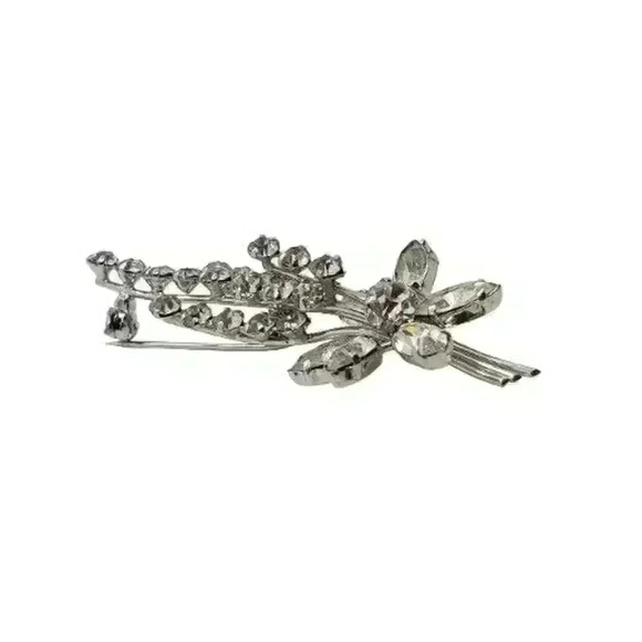 Vintage Clear Rhinestone Brooch Austria Long Stem Flower Spray Tall Layers - Picture 6 of 14